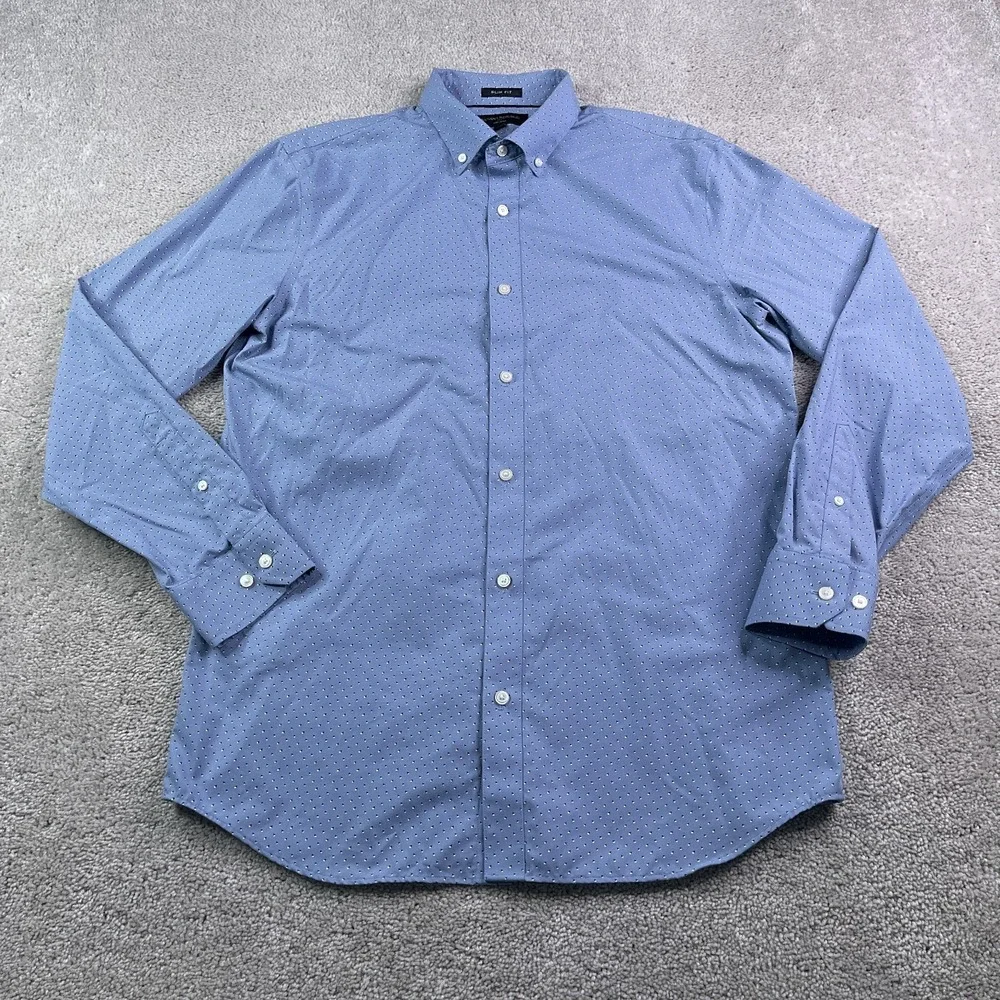 Banana Republic Shirt Mens Large Blue Geometric Slim Fit Non‎ Iron Button Up